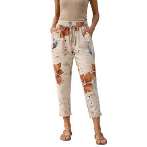VENTI6 Women's Crochet Hem Abstract Floral Print Jogger Pants Cream Size XS